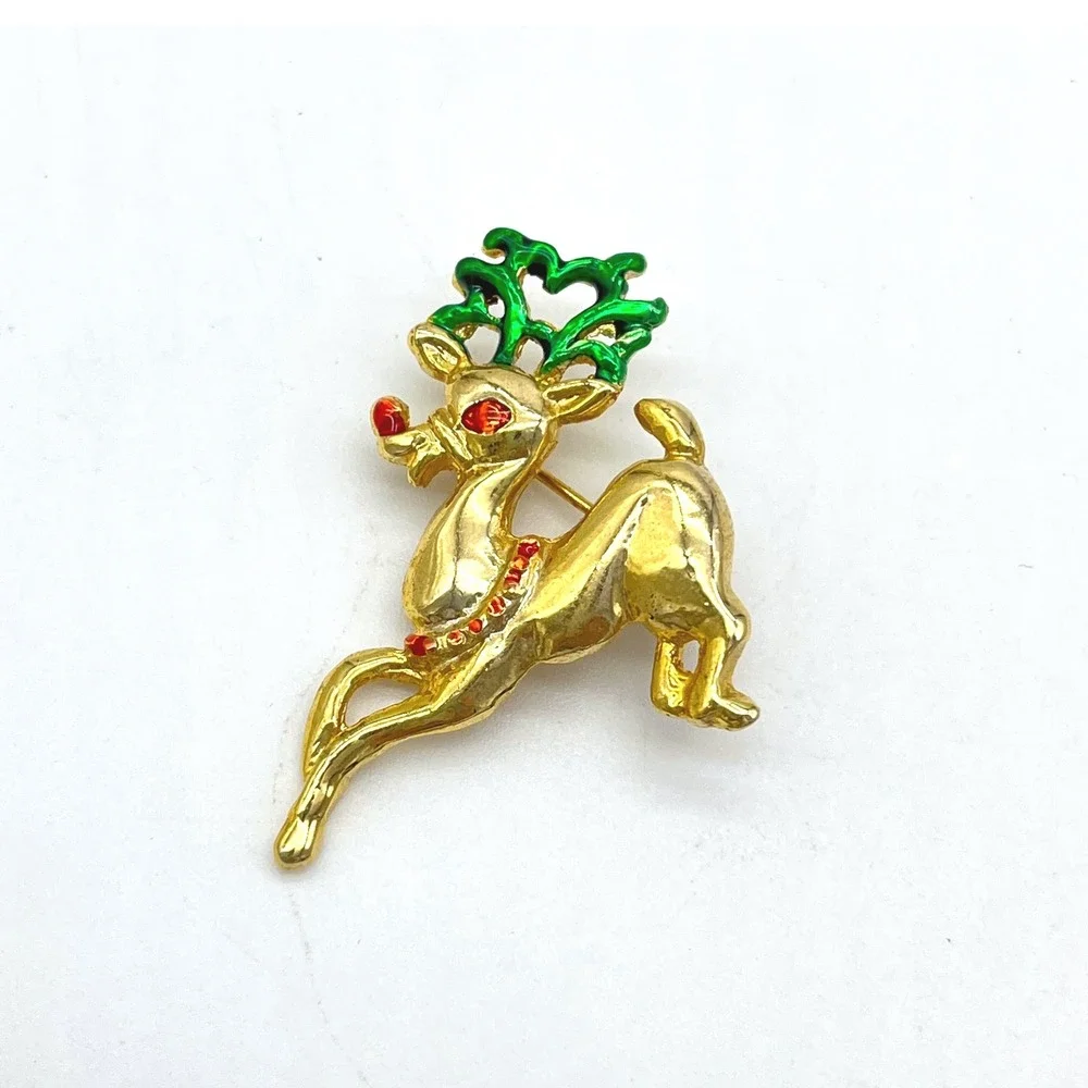 Vintage Reindeer Brooch Christmas Pin Gold Tone Green Antlers‎ Red Rhinestone